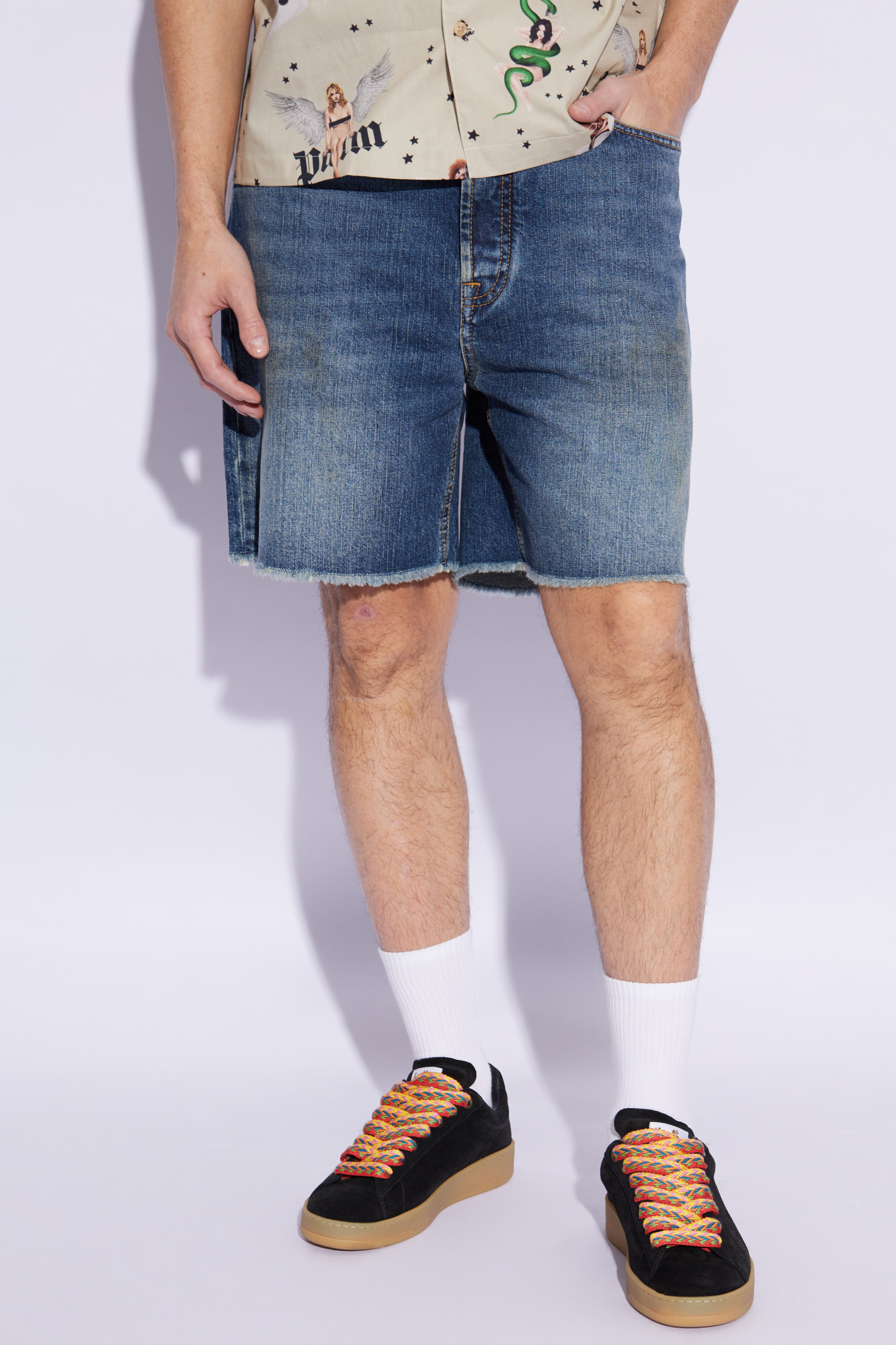 ショーツ PALM ANGELS COTTON DENIM SHORTS Palm Angels Jungle Denim Shorts Light Blue/Off White Men's - US